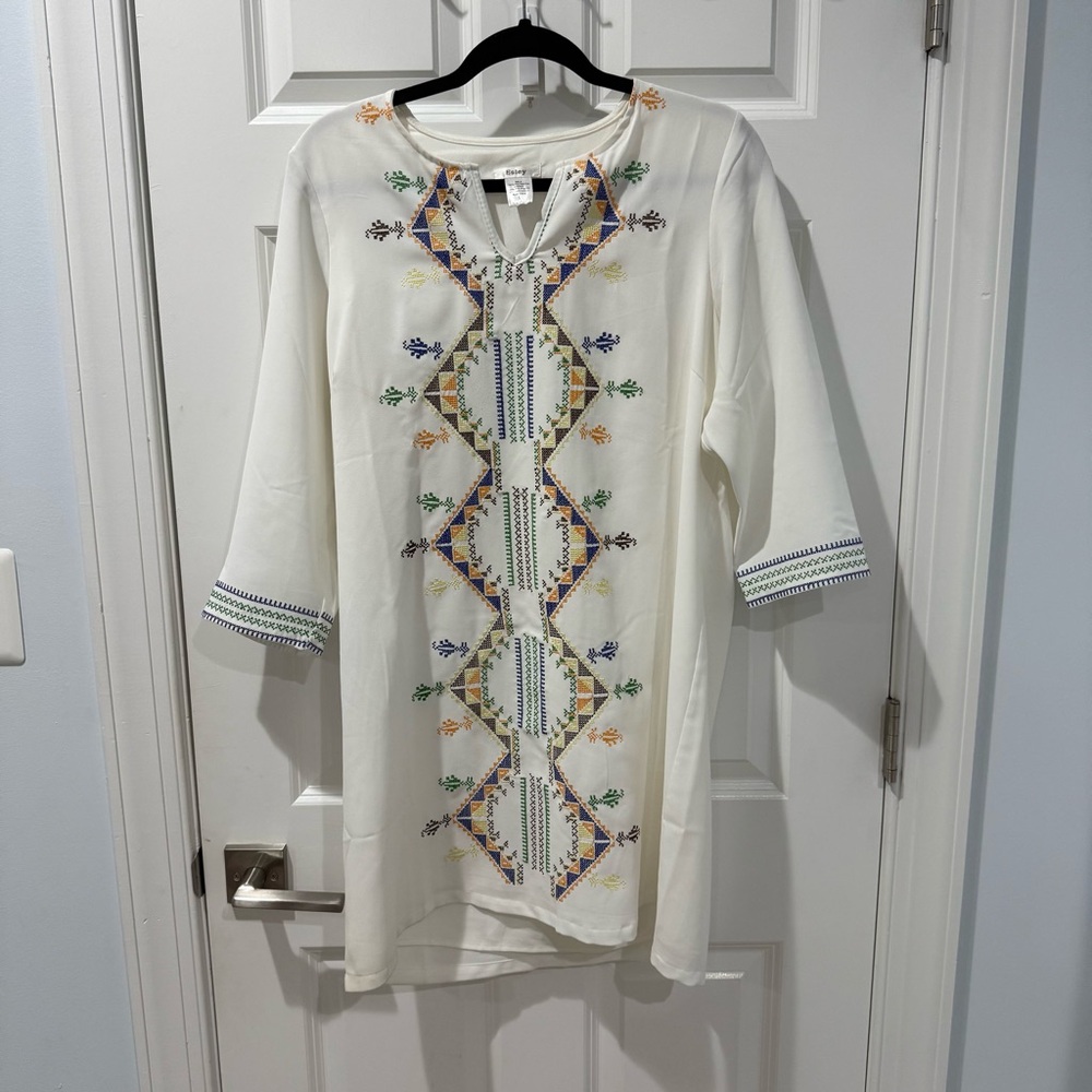 Esley White Dress with Colorful Embroidery